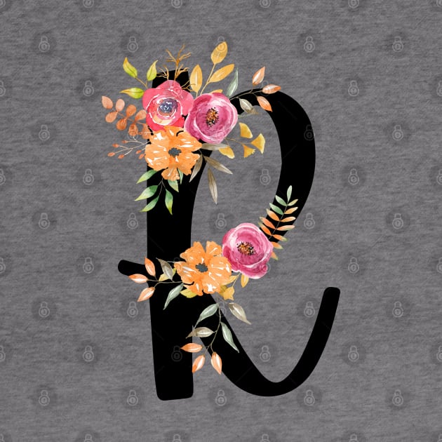 Letter R With Watercolor Floral Wreath by NatureGlow